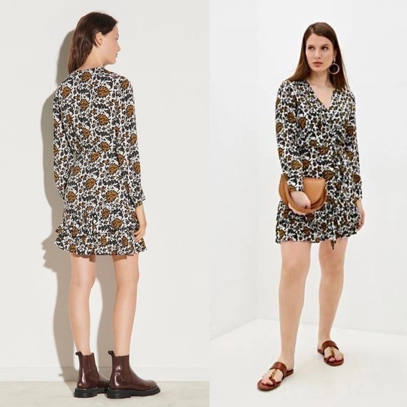 SANDRO Floral Print Long Sleeve V-Neck Faux Wrap Tiered Ruffle Mini Dress 6 - Picture 6 of 16